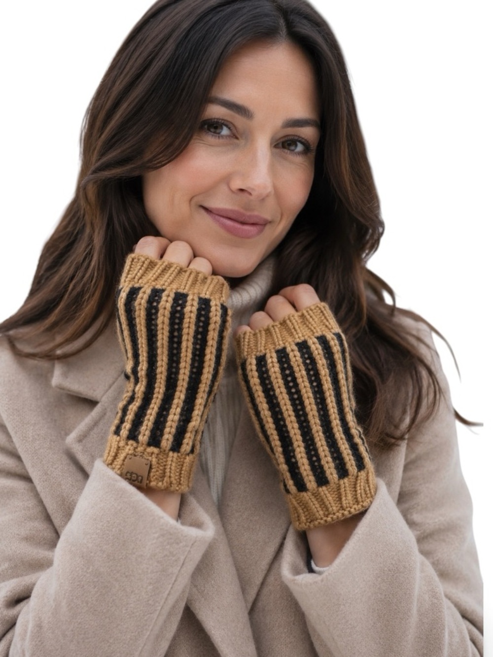 UGG Chunky Plaited Fingerless Gloves Camel Black Wool Blend OS NWOT